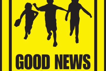 Three silhouetted children on yellow background, with text below that reads "Good News Club".